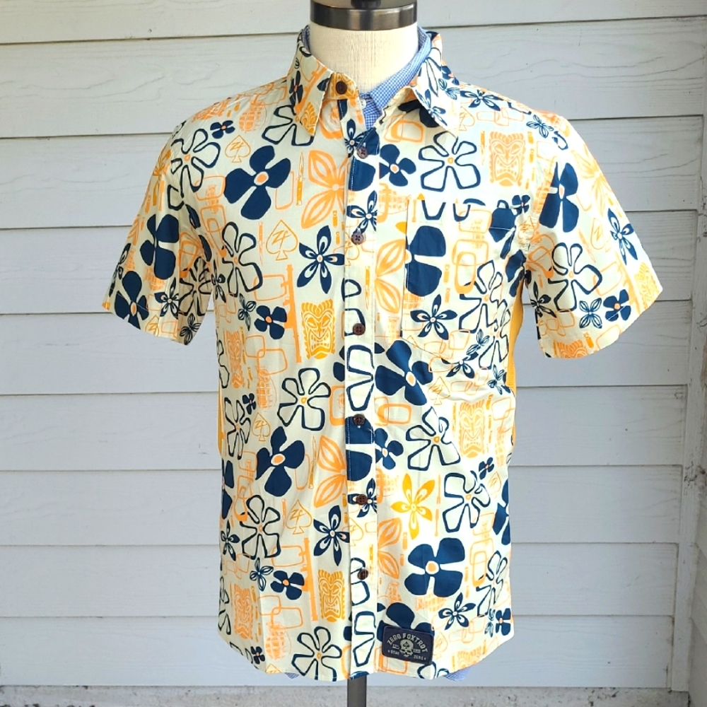 ZERO FOXTROT Beige Blue Orange Floral Tiki Cotton Blend Sz S Mens Hawaiian Shirt